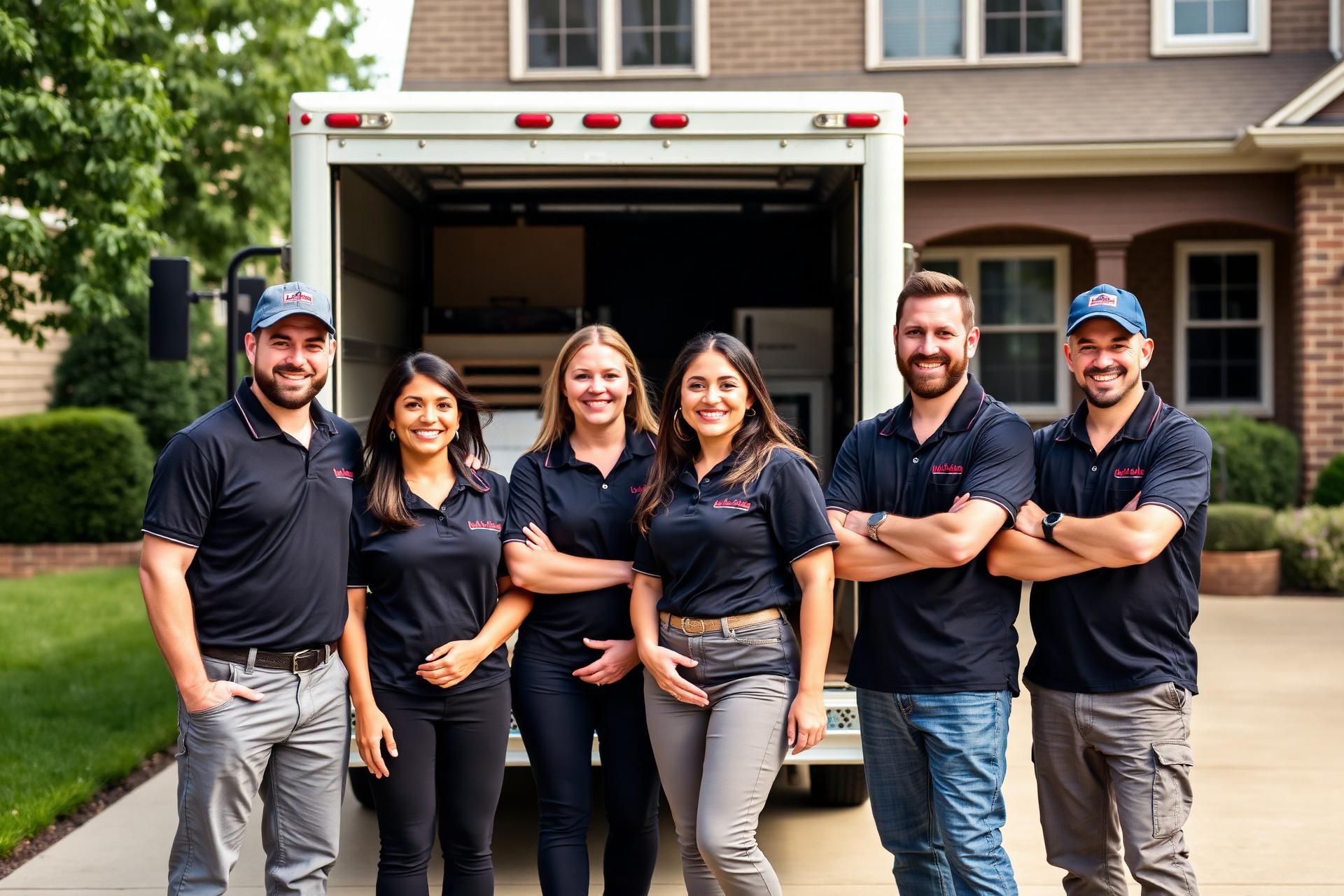 Professional moving crew loading a truck at a modern home